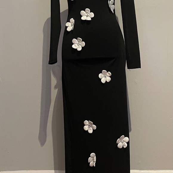 SHEIN White Floral Decor Black Stand Collar Long Sleeve Maxi Dress Size XXS - Picture 7 of 16